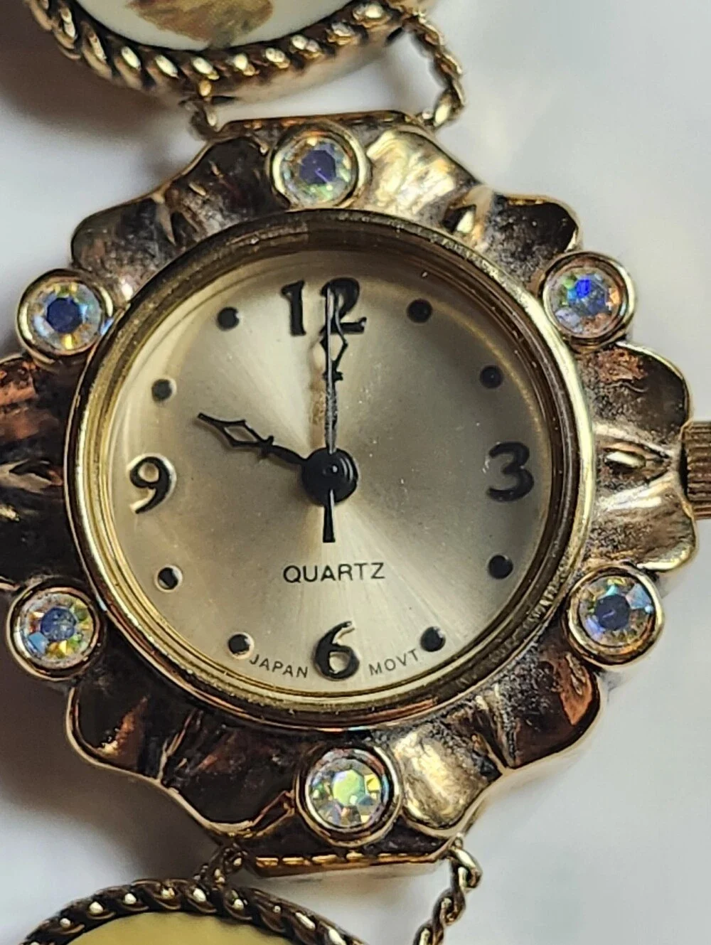 Vintage Gold Tone Floral Bracelet Watch with Cherub Medallions